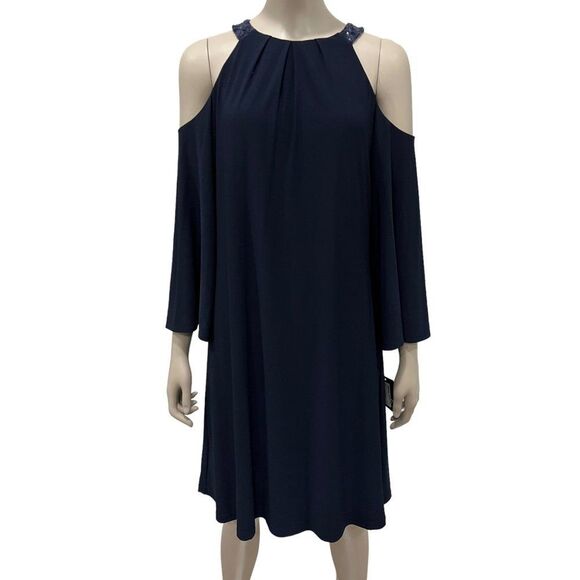 Ralph Lauren Pansy A-line Cold Shoulder Dress Sequin Halter Neck Navy Cocktail - Picture 1 of 11